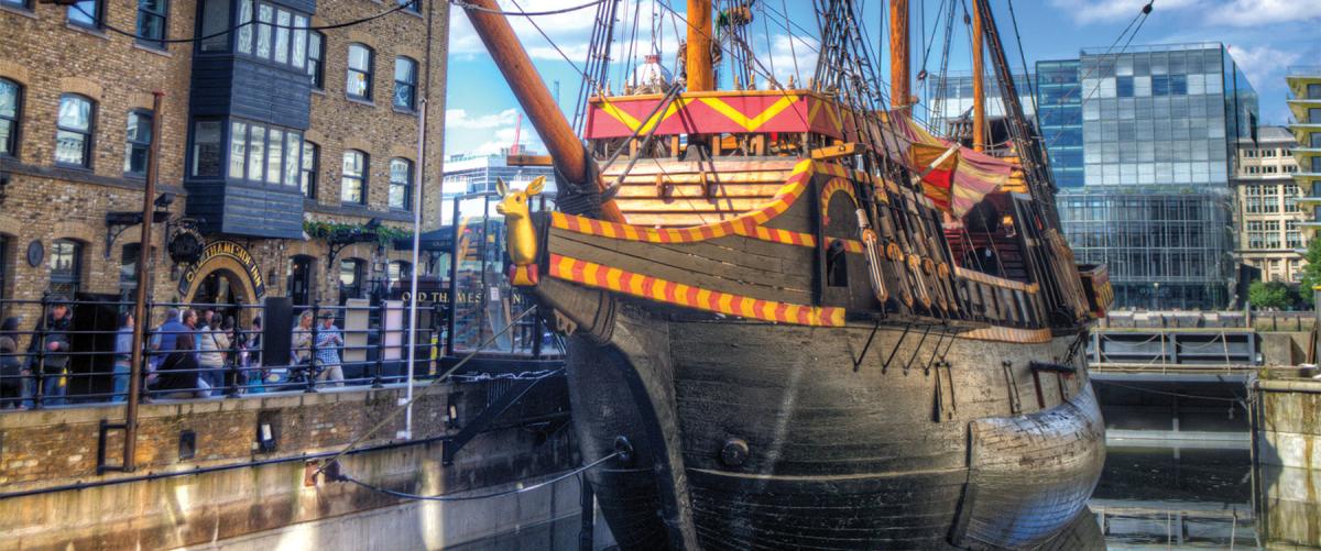 The replica Golden Hinde is berthed at St Mary Overie Dock in London.